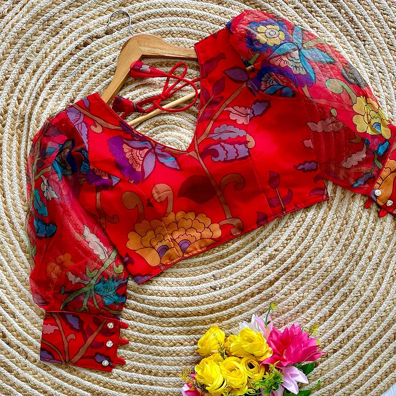 Red Color Organza Designer Blouse for a Stylish Wardrobe