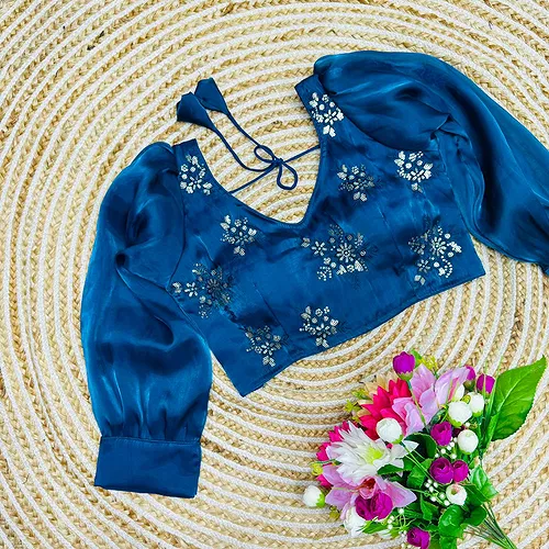Blue Color Tone-to-Tone Embroidered Blouse