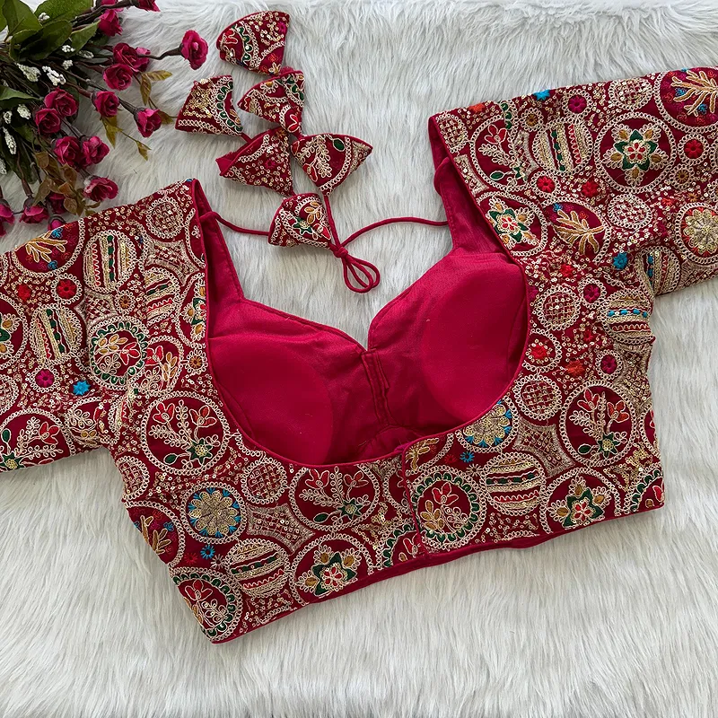 Rani Color Heavy Embroidery Thread & Sequence Work Saree Blouse