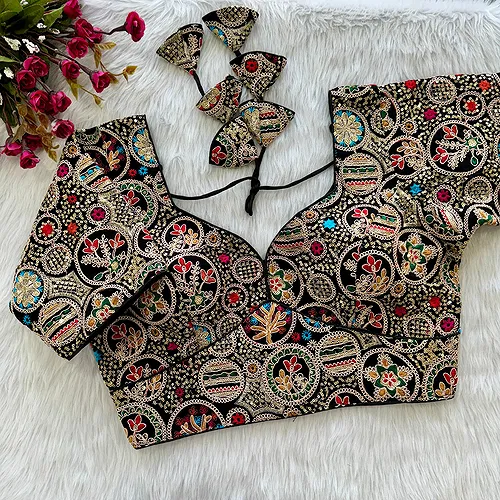 Black Color Heavy Embroidery Thread & Sequence Work Saree Blouse