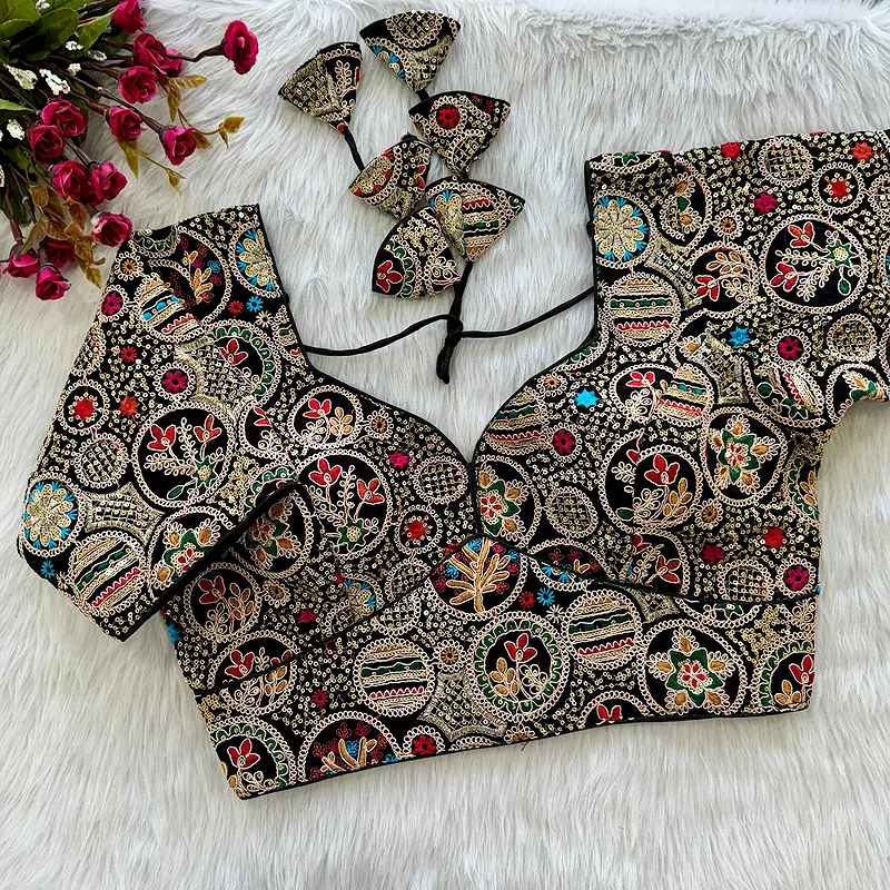 Black Color Heavy Embroidery Thread & Sequence Work Saree Blouse