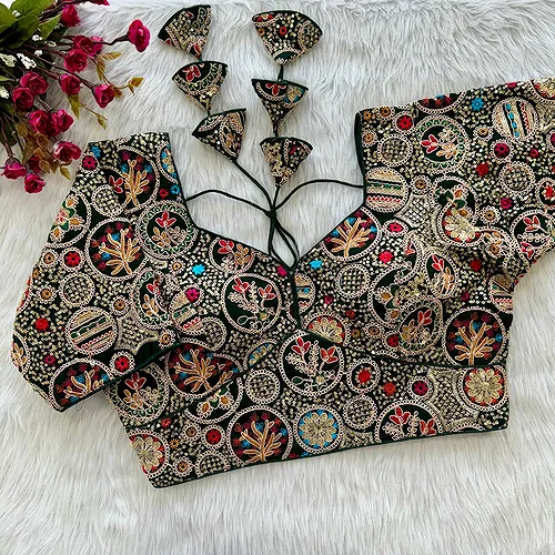 Bottle Green Color Heavy Embroidery Thread & Sequence Work Saree Blouse