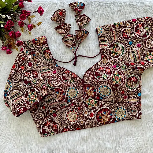 Wine Color Heavy Embroidery Thread & Sequence Work Saree Blouse