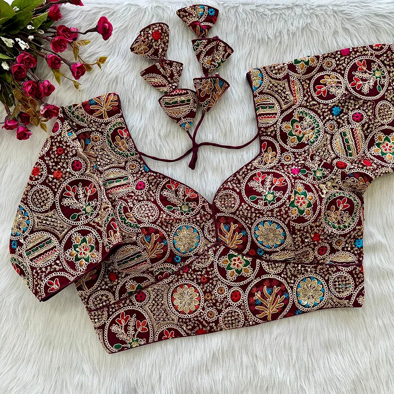 Wine Color Heavy Embroidery Thread & Sequence Work Saree Blouse