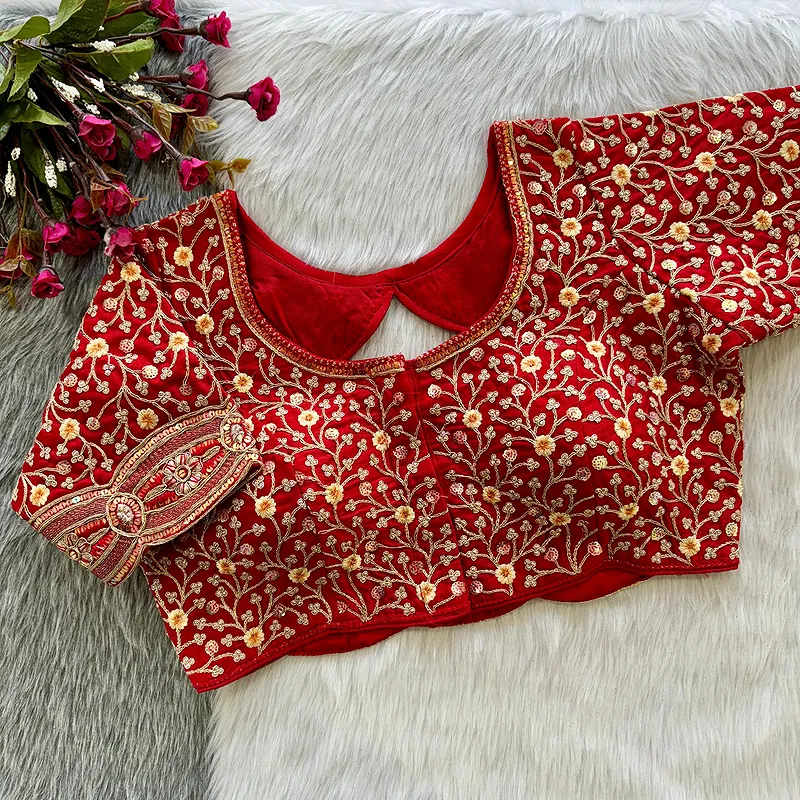 Red Colour Timo Silk Blouse with Stylish Back Cutwork