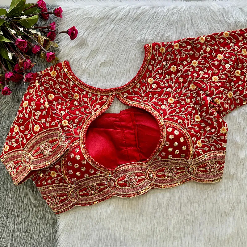 Red Colour Timo Silk Blouse with Stylish Back Cutwork