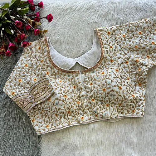 White Colour Timo Silk Blouse with Stylish Back Cutwork