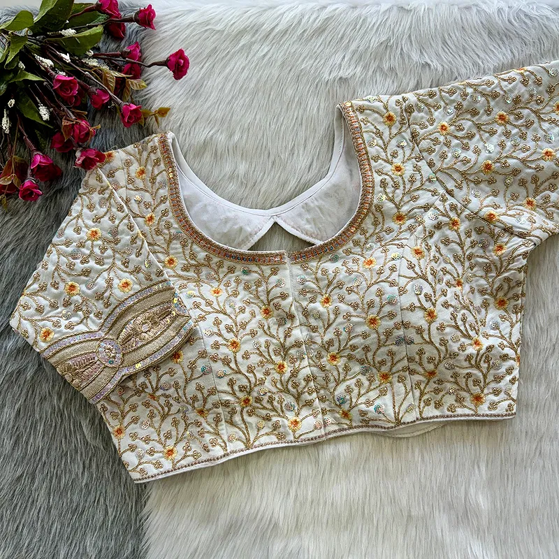 White Colour Timo Silk Blouse with Stylish Back Cutwork