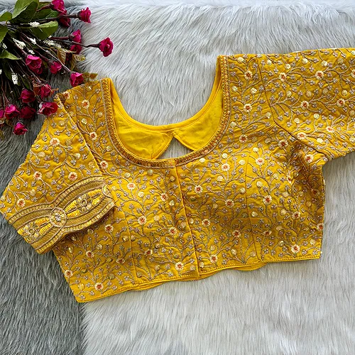 Yellow Colour Timo Silk Blouse with Stylish Back Cutwork
