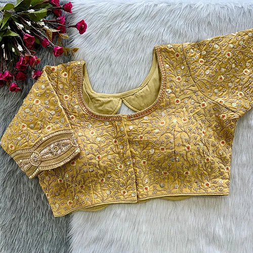 Golden Colour Timo Silk Blouse with Stylish Back Cutwork