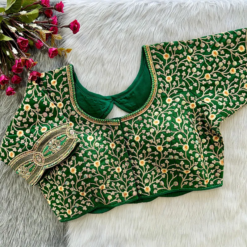 Green Colour Timo Silk Blouse with Stylish Back Cutwork