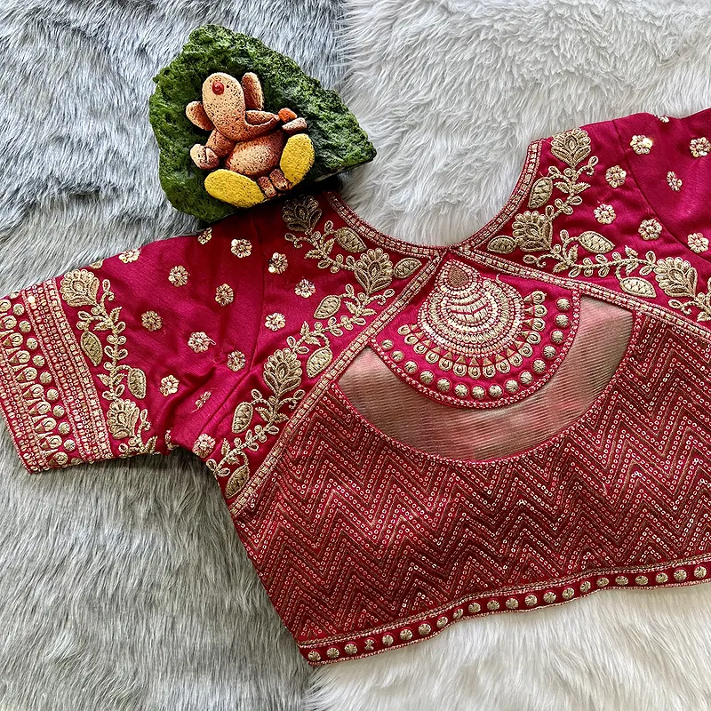 Rani Pink Color Gold Jari & Rainbow Embroidery Wedding Blouse