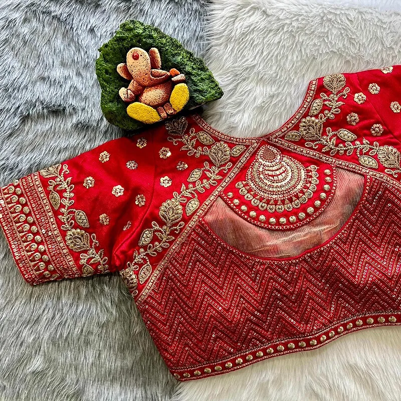 Red Color Gold Jari & Rainbow Embroidery Wedding Blouse