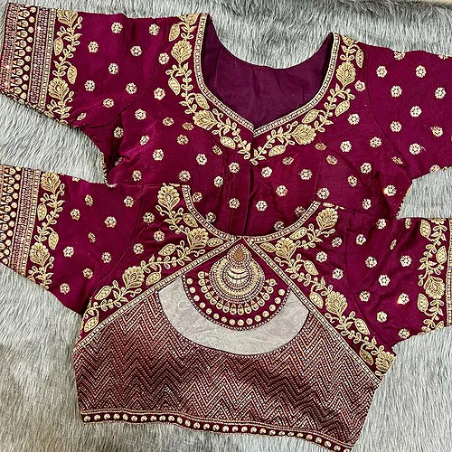 Wine Color Gold Jari & Rainbow Embroidery Wedding Blouse