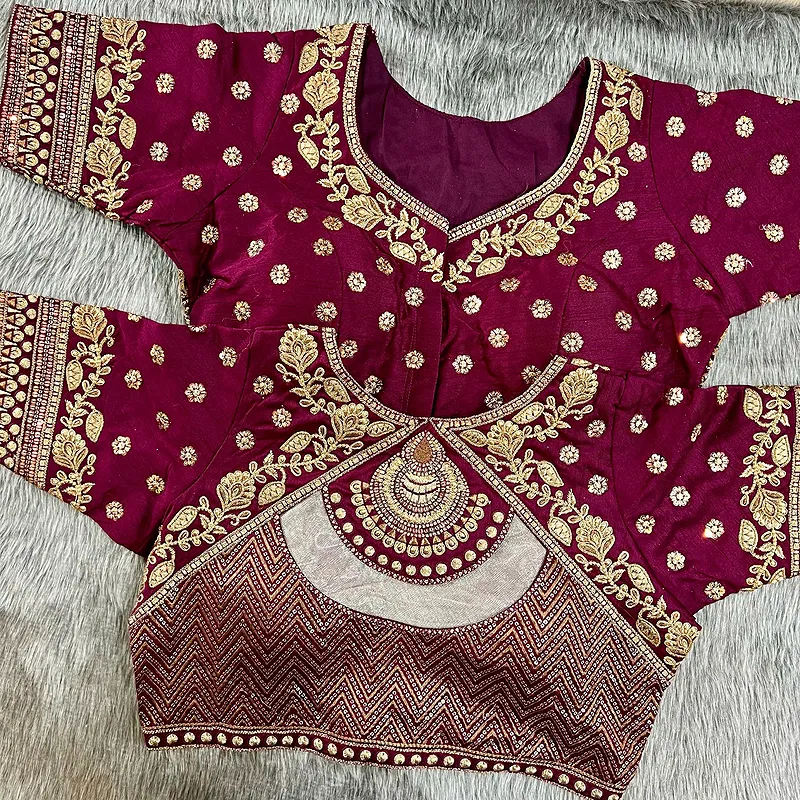 Wine Color Gold Jari & Rainbow Embroidery Wedding Blouse
