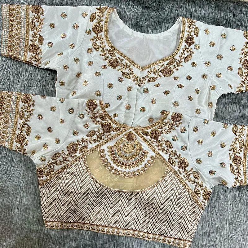 White Color Gold Jari & Rainbow Embroidery Wedding Blouse