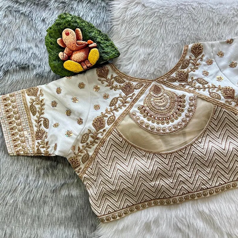 White Color Gold Jari & Rainbow Embroidery Wedding Blouse