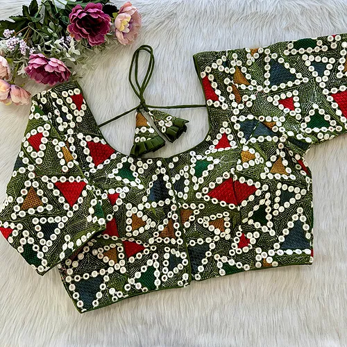 Mehndi Color Lucknowi Velvet Heavy Work Blouse