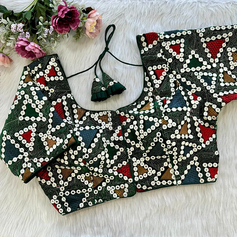 Bottle Green Color Lucknowi Velvet Heavy Work Blouse