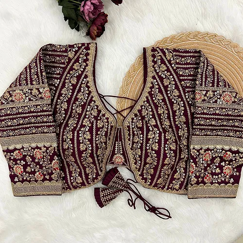 Wine Colour Bridal Blouse With Dori Latkans