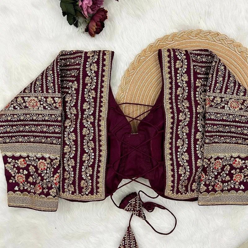Wine Colour Bridal Blouse With Dori Latkans