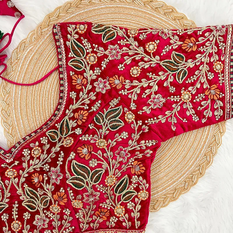 Rani Color Bridal Velvet Blouse with Diamond Handwork