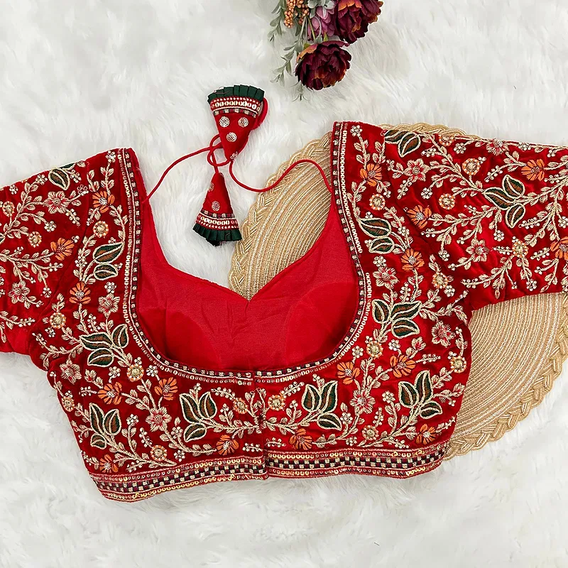 Red Color Bridal Velvet Blouse with Diamond Handwork