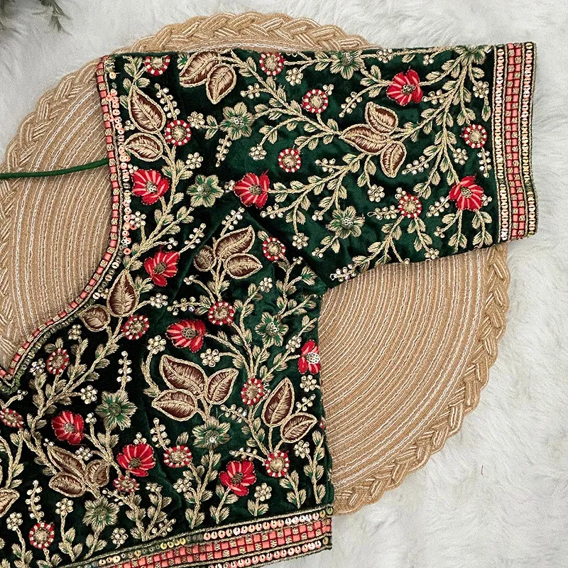 Green Color Bridal Velvet Blouse with Diamond Handwork