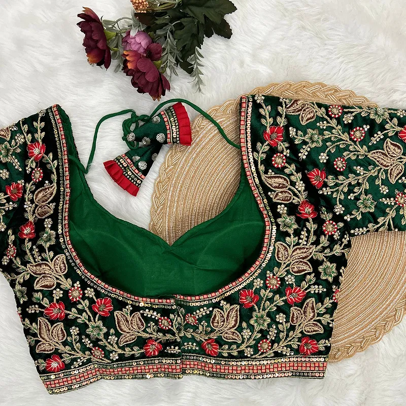 Green Color Bridal Velvet Blouse with Diamond Handwork