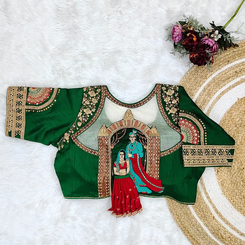 Green Color Bridal Blouse with Heavy Embroidery and 3D Barbie Design
