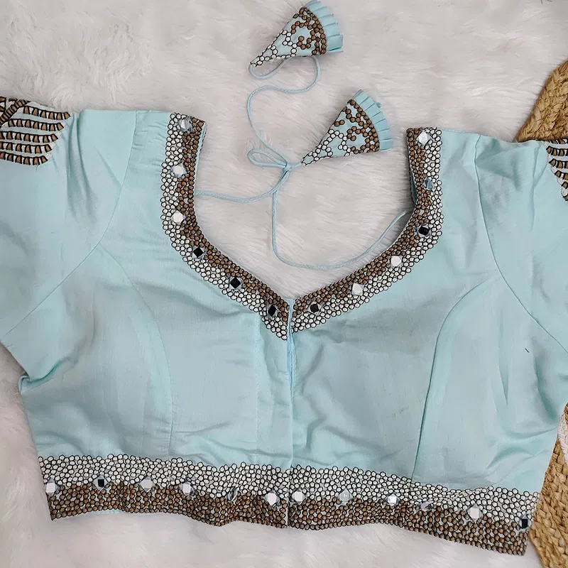 Artic Blue Color Heavy Thread Embroidery Handcrafted Blouse with Hand Work