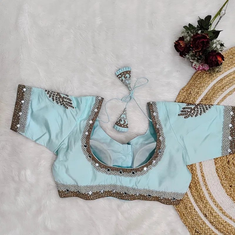 Artic Blue Color Heavy Thread Embroidery Handcrafted Blouse with Hand Work
