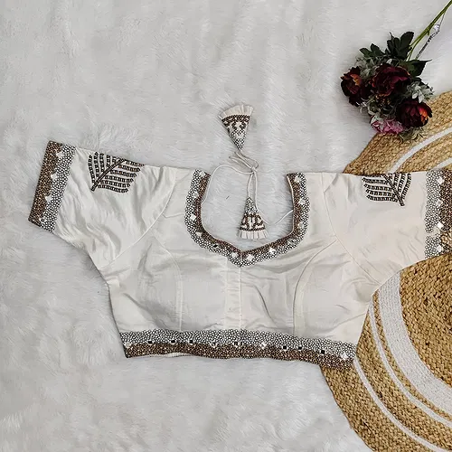 White Color Heavy Mirror Work Partywear Blouse