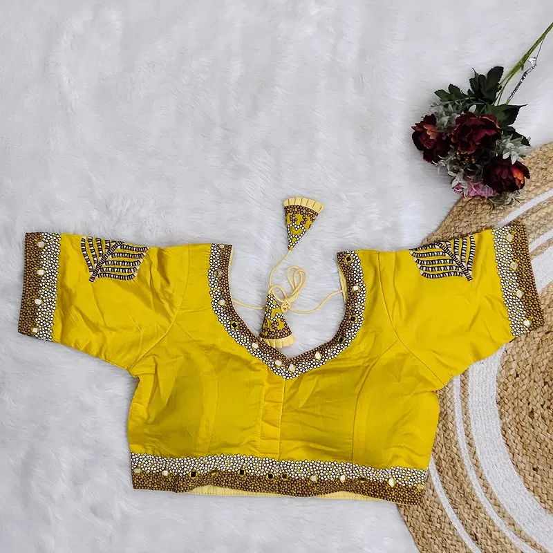 Yellow Color Heavy Mirror Work Partywear Blouse