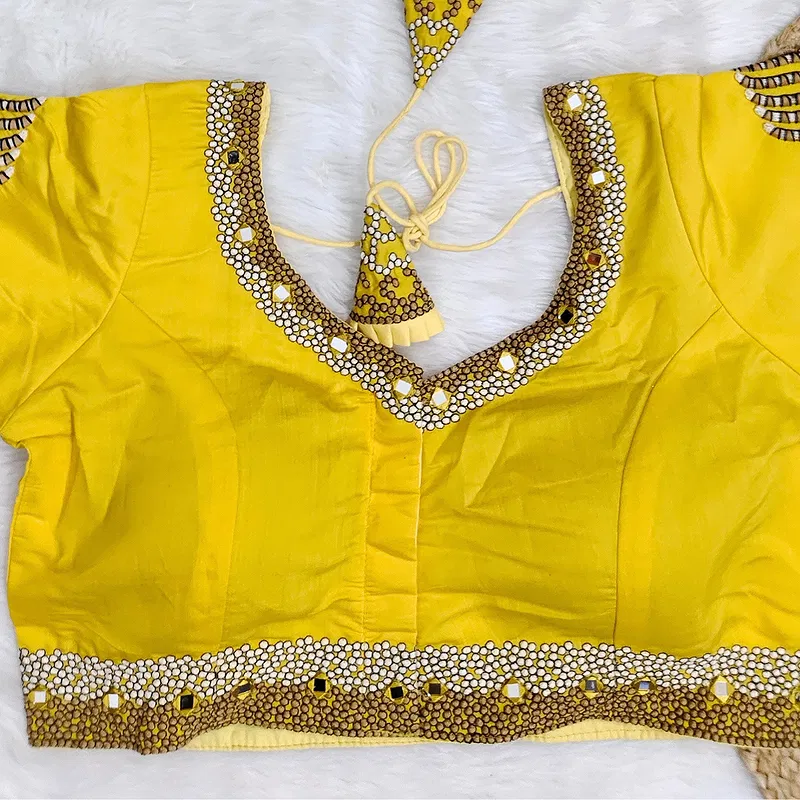 Yellow Color Heavy Mirror Work Partywear Blouse