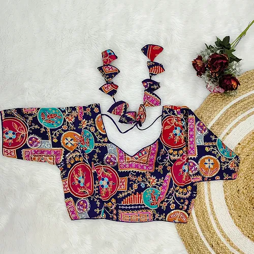 Navy Color Digital Print Blouse For Navratri  
