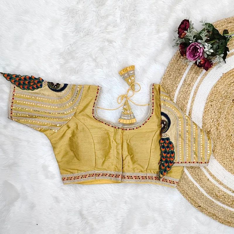 Golden Color 3D Peacock Italian Silk Heavy Sleeve Blouse