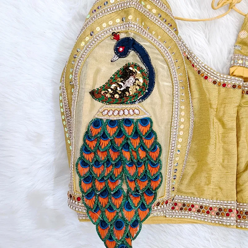 Golden Color 3D Peacock Italian Silk Heavy Sleeve Blouse