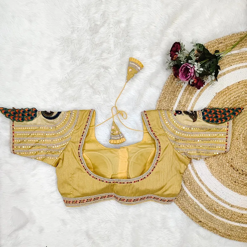 Golden Color 3D Peacock Italian Silk Heavy Sleeve Blouse