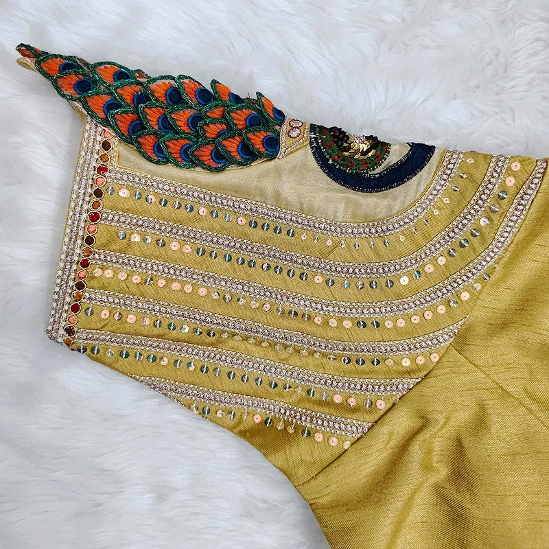 Golden Color 3D Peacock Italian Silk Heavy Sleeve Blouse