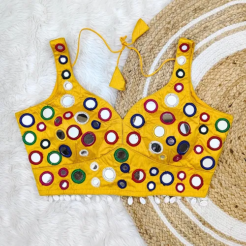 Yellow Traditional Navratri Special Multi-Mirror Work Blouse
