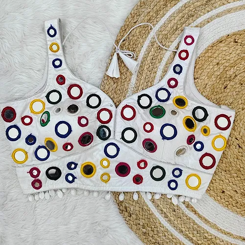 White Traditional Navratri Special Multi-Mirror Work Blouse