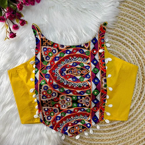 Yellow Color Sleeveless Blouse with Kaudi Lace Heavy Embroidery & Hand Mirror Work.