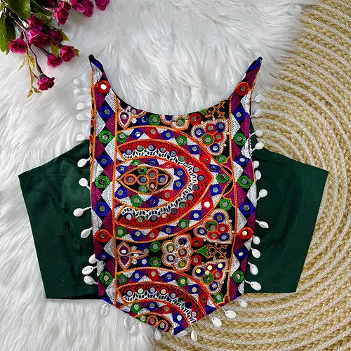 Green Color Sleeveless Blouse with Kaudi Lace Heavy Embroidery & Hand Mirror Work.