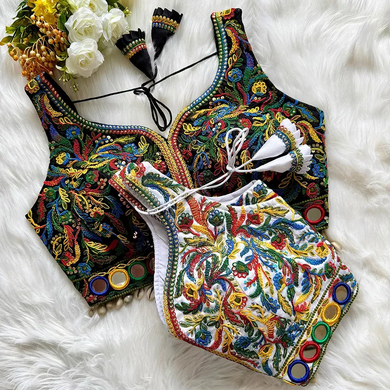 White Traditional Navratri Special Multicolor Embroidered Blouse