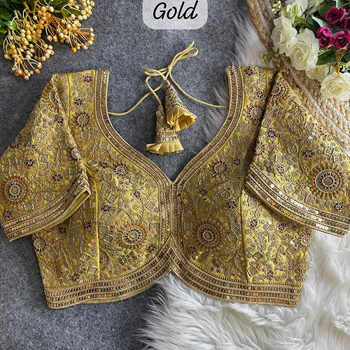 Gold Color Apple Cut Bridal Embroidery Blouse