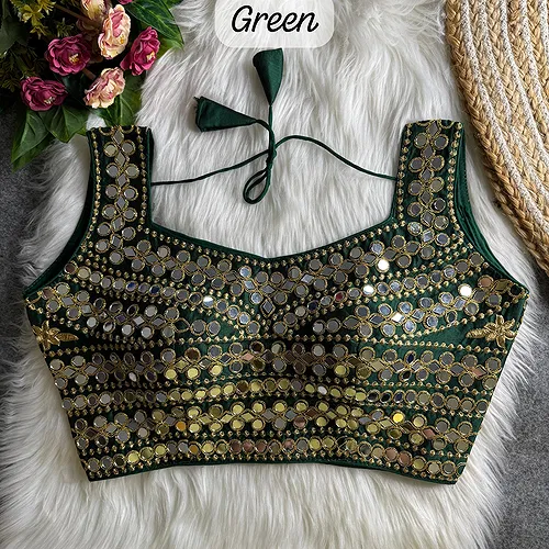 Green Color Real Mirror Work Bollywood Partywear Blouse