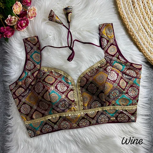 Wine Color Silk Rapier Jacquard Partywear Blouse with Back Open Style