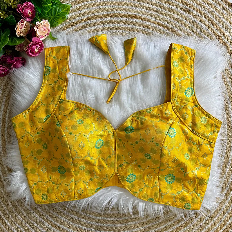Yellow Color Sleeveless Jacquard Partywear Blouse