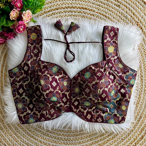 Wine Color Sleeveless Jacquard Partywear Blouse